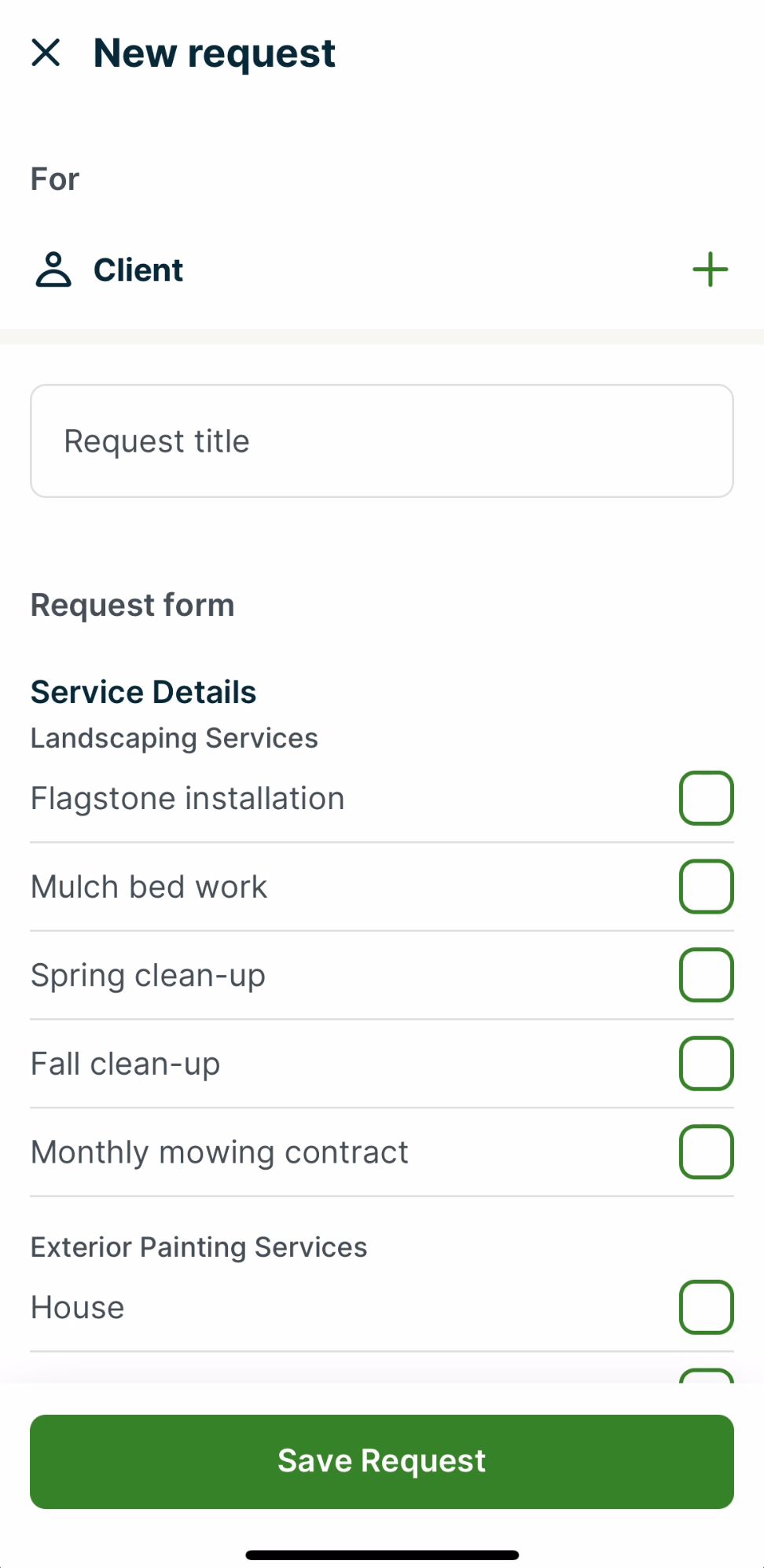 New request creation form showing the option to add a client, add a request title, and select from the questions on the form