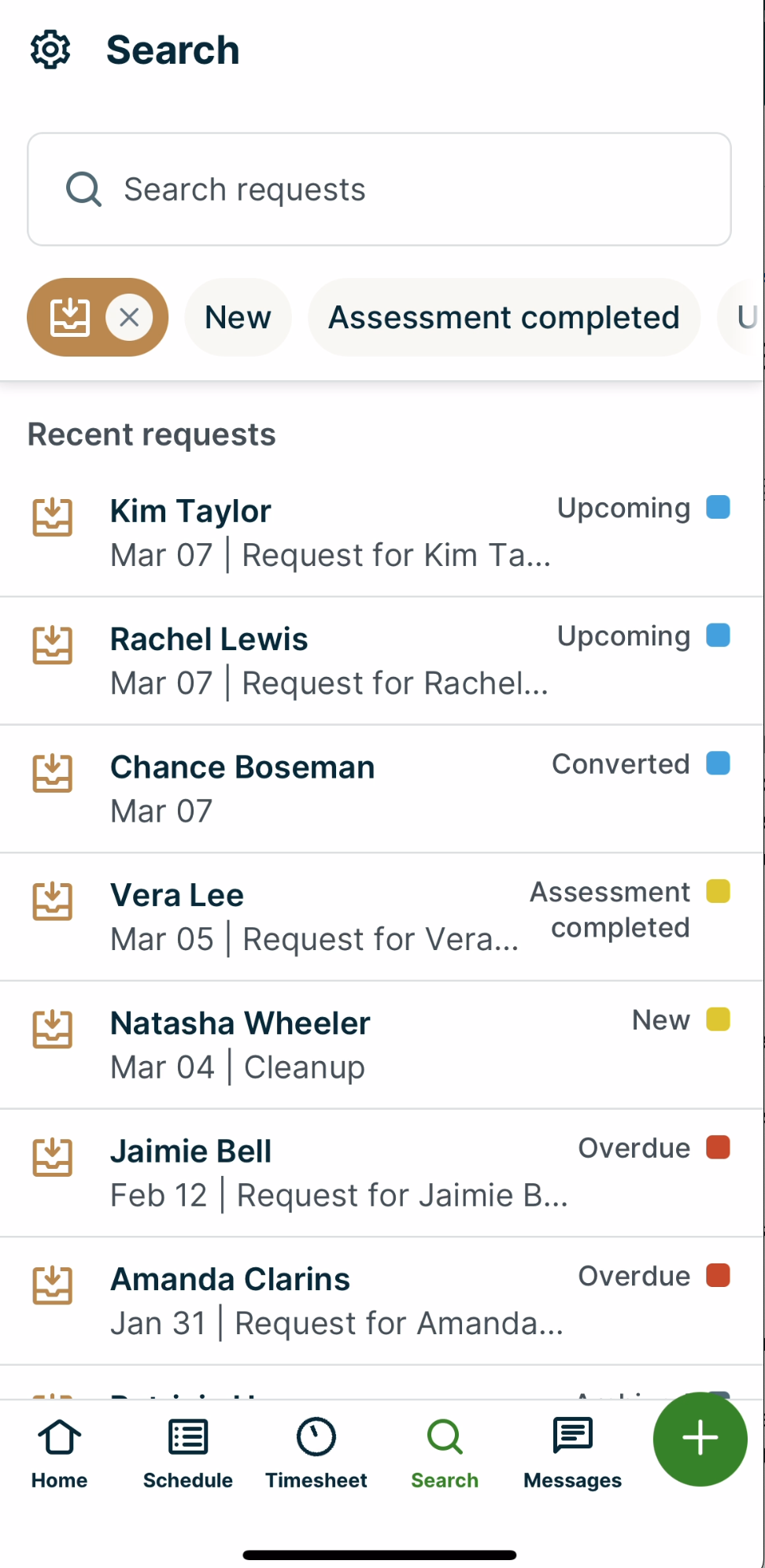 List of clients with requests in different statuses including new, upcoming, converted, assessment completed, and overdue