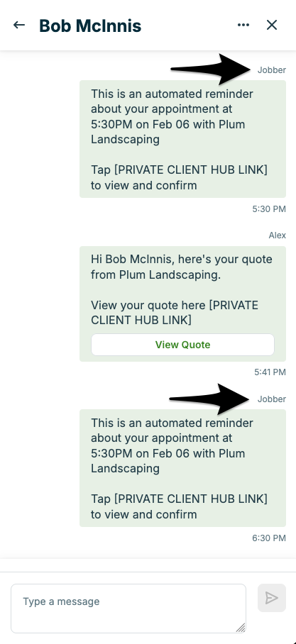 back and forth with a client where there are text messages sent from various Jobber users and their names are displayed
