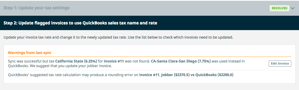Step 2: Update flagged invoices to use QuickBooks sales tax name and rate.