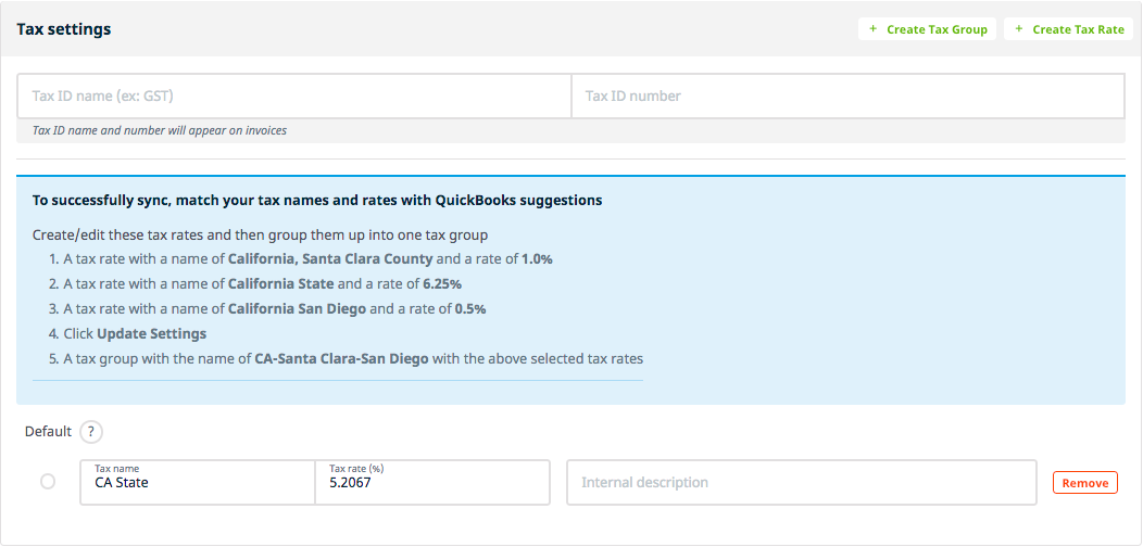 A screenshot showing Tax Settings page details.