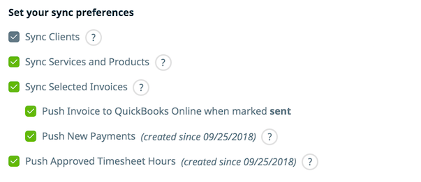 list of items with checkboxes that can be synced between Jobber and QuickBooks