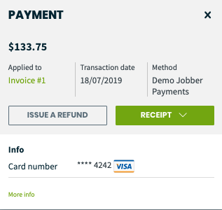 pop-up with payment details with options to issue a refund and send a reciept.
