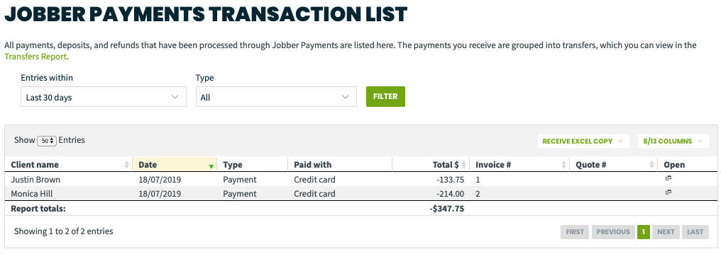 Jobber Payments Transactions report showing two credit card payments