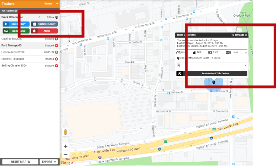offline tracker selected with a pop-up with a button to troubleshoot the device.