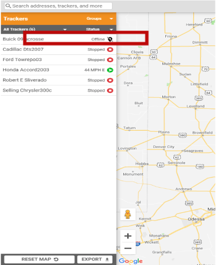 list of trackers in FleetSharp, one shows offline.