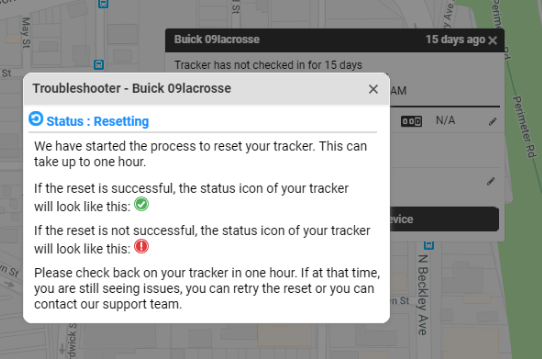 pop-up that shows the status of the reset