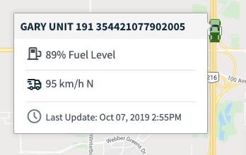 tracker details from the map view of the calendar showing fuel level, speed, and last updated
