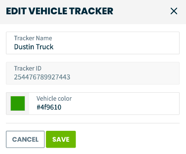 Edit vehicle tracker pop-up with options to rename the tracker and update the color it displays on the map