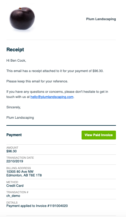 receipt from an automatic payment with a button to view the paid invoice 