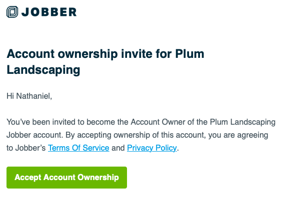 Email invite for the new user to accept the account ownership