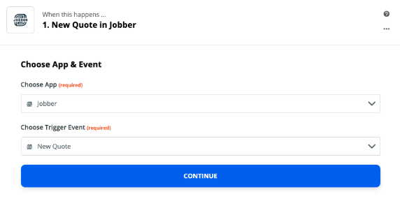 Setup screen in Zapier with fields to chose an app and trigger event. Jobber and when a quote is created are selected.