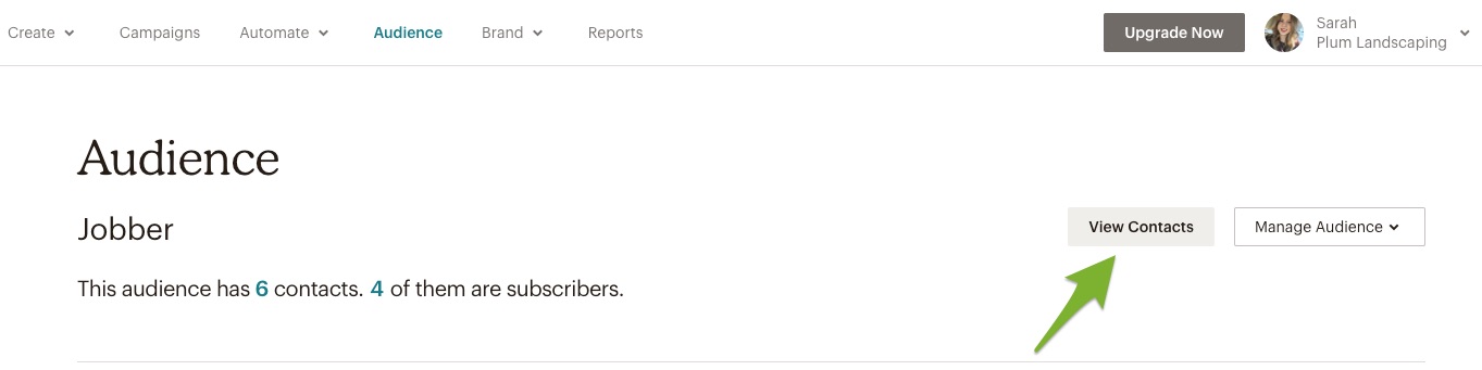 audience page in Mailchip with an arrow pointing to the button for View Contacts
