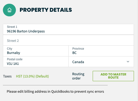 Propery details screen with a message that the billing address must be edited in QuickBooks
