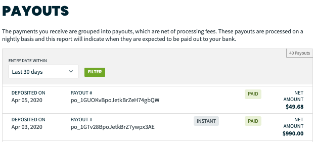 Payouts report showing the details for two payouts