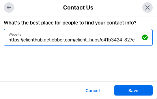 Facebook prompt to setup a contact us button with a field to enter your website URL