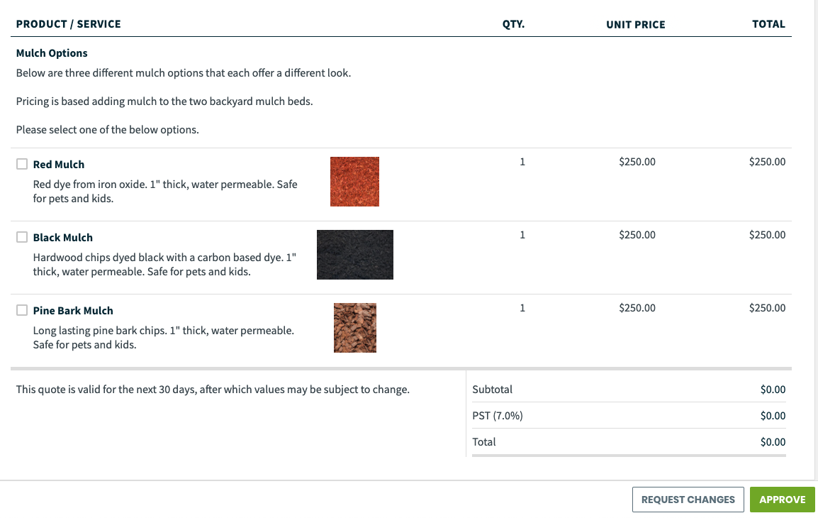 quote with different mulch options available