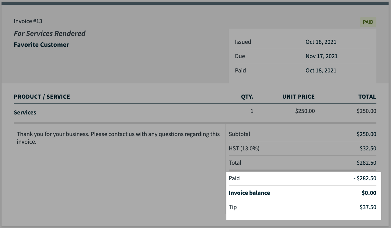 the paid invoice with the paid total, tip, and invoice balance highlighted.