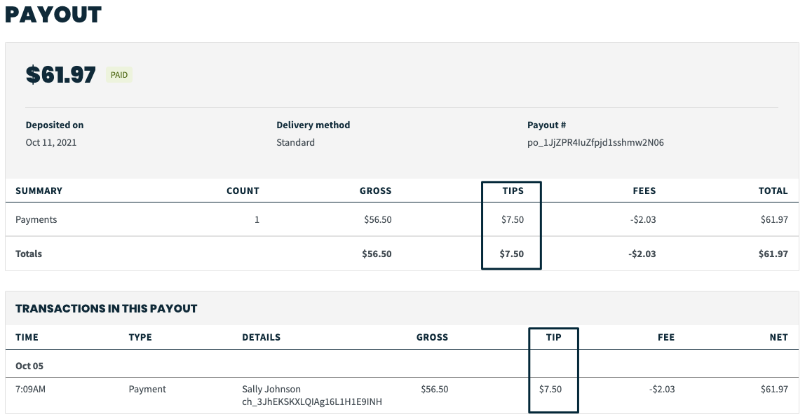 Jobber Payments payout report with the tips column highlighted.