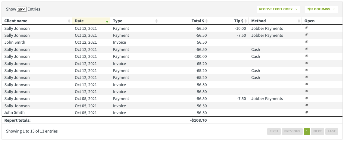 Jobber Payments transactions report.