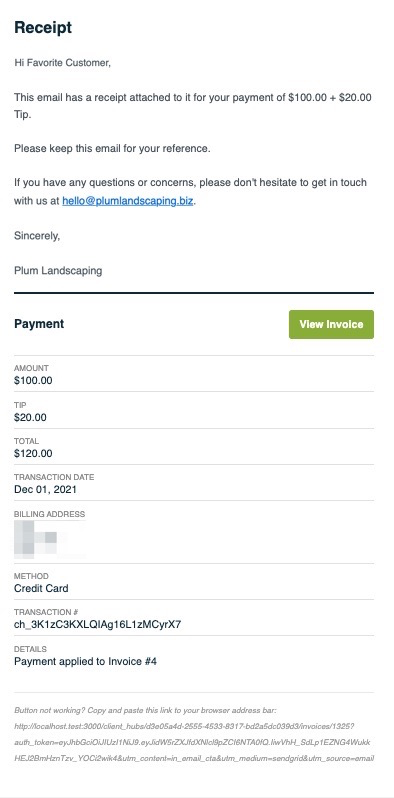 Receipt email that clients receive