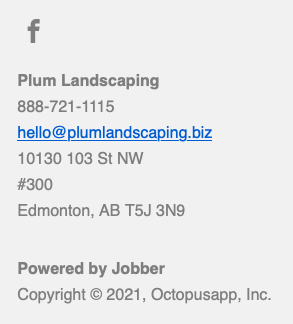 Footer from an email showing the facebook logo and contact details