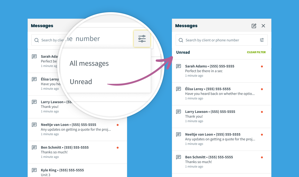 filter by unread drop-down options