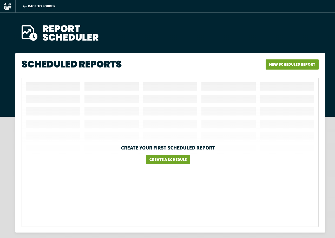report scheduler with no schedules set up. There is a button to create a schedule