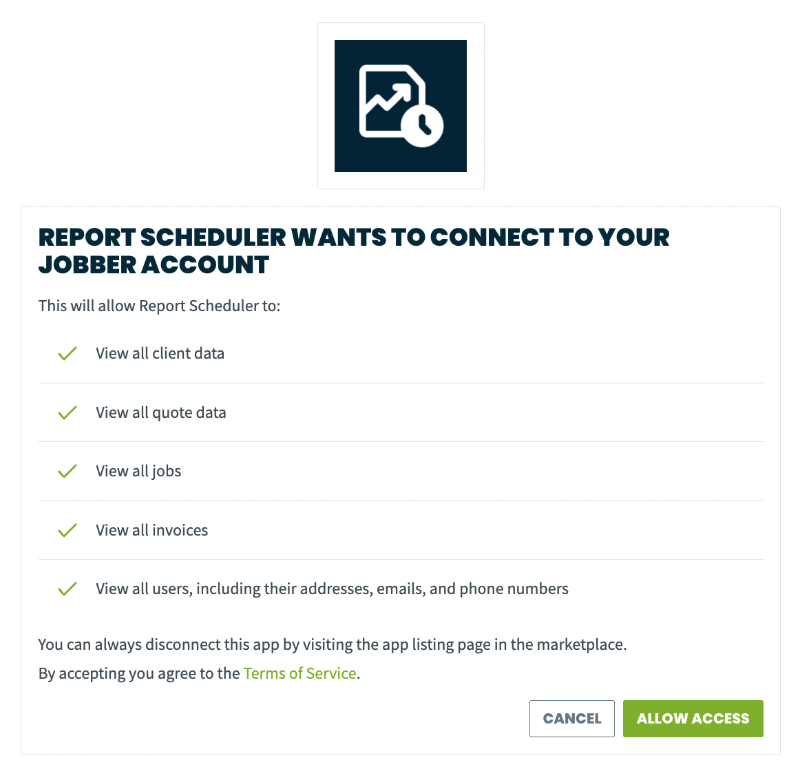 authorization screen to allow report scheduiler to connect to Jobber