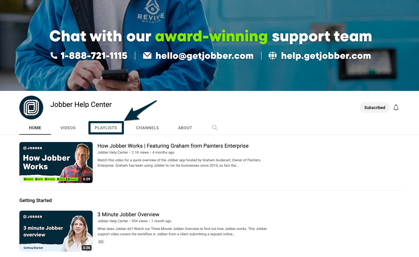 YouTube Channel with an arrow pointing to the tab for playlists