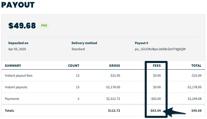 payout summary with a box drawn around the fees